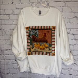 Farmhouse Chicken Cottagecore Upcycled Sweatshirt Hen & Chicks XL